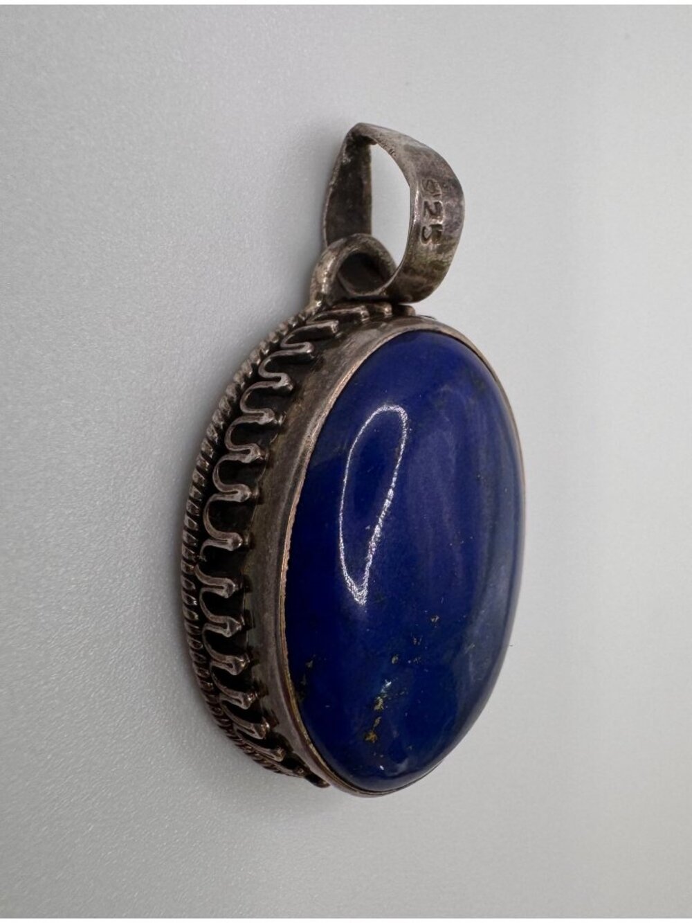 Vintage 925 Sterling Silver Lapis Lazuli Pendant Large Oval Cabochon Estate